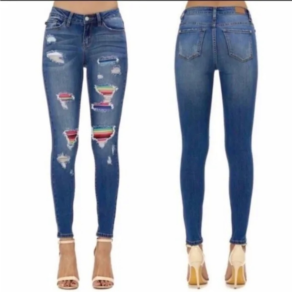 Judy Blue Mariah Serape Plaid Rainbow Patch Skinny Jeans 9 29